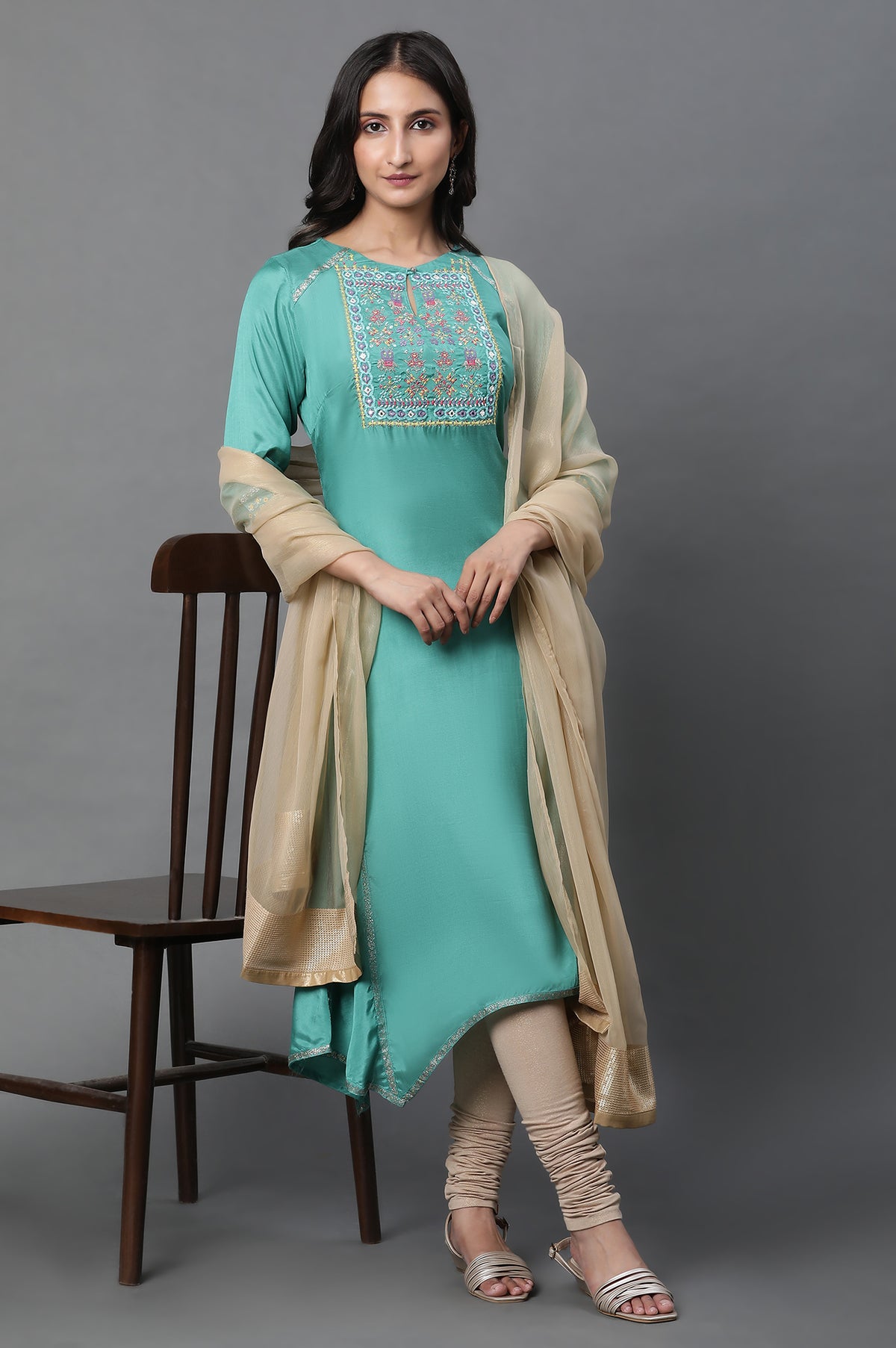 Marine Green Embroidered Asymmetrical Kurta, Churidar And Dupatta Set - XS