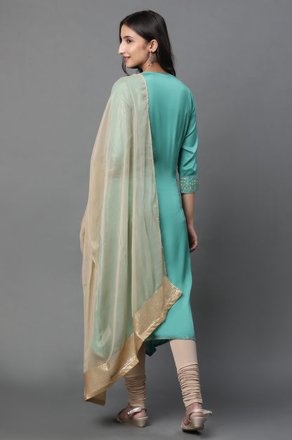 Marine Green Embroidered Asymmetrical Kurta, Churidar And Dupatta Set