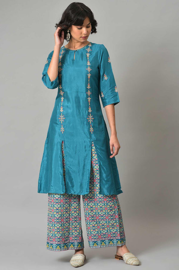 Dark Blue Embroidered Shantung kurta With Printed Parallel Pants