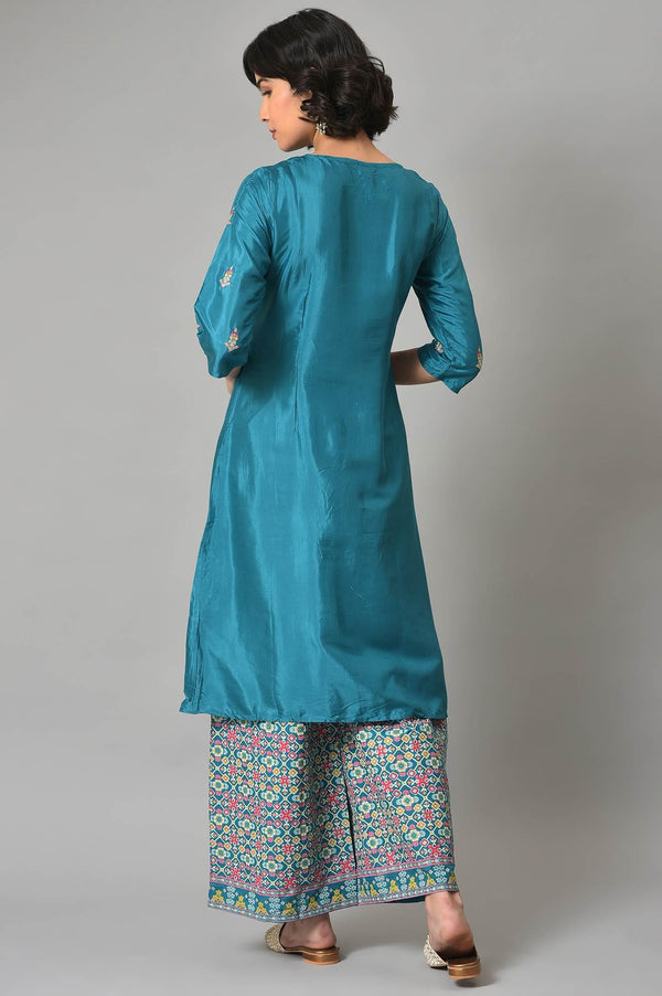 Dark Blue Embroidered Shantung kurta With Printed Parallel Pants