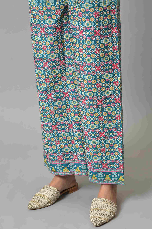 Dark Blue Embroidered Shantung kurta With Printed Parallel Pants