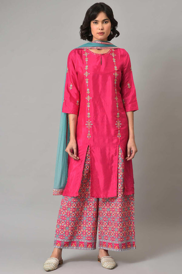 Pink Embroidered kurta With Printed Parallel Pants And Light Blue Mesh Dupatta