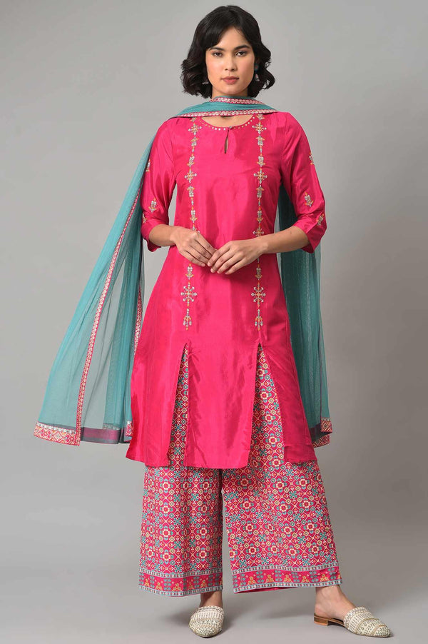 Pink Embroidered kurta With Printed Parallel Pants And Light Blue Mesh Dupatta