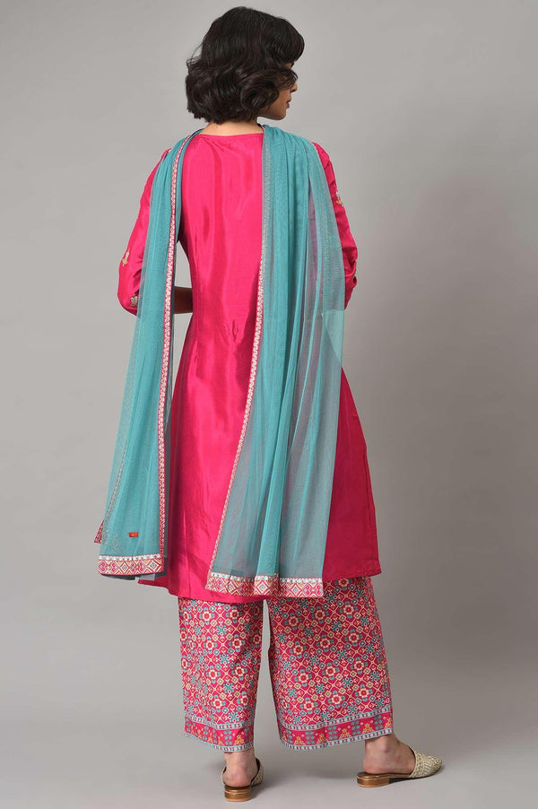 Pink Embroidered kurta With Printed Parallel Pants And Light Blue Mesh Dupatta