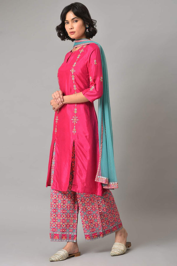 Pink Embroidered kurta With Printed Parallel Pants And Light Blue Mesh Dupatta