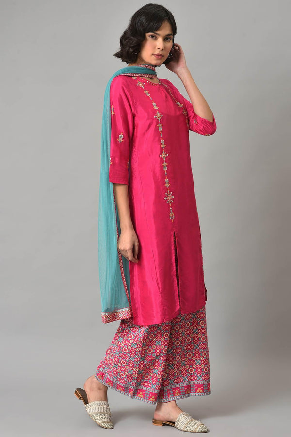 Pink Embroidered kurta With Printed Parallel Pants And Light Blue Mesh Dupatta
