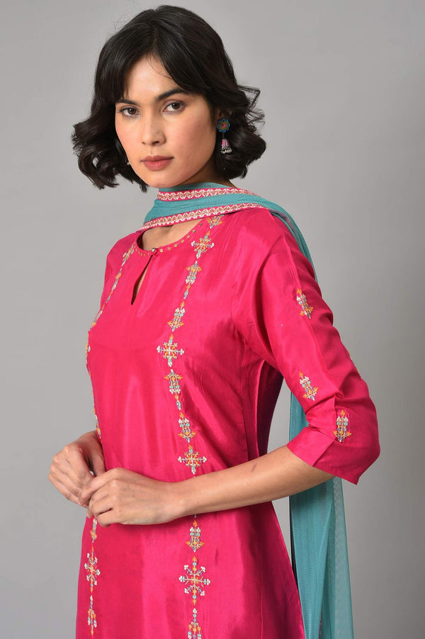 Pink Embroidered kurta With Printed Parallel Pants And Light Blue Mesh Dupatta