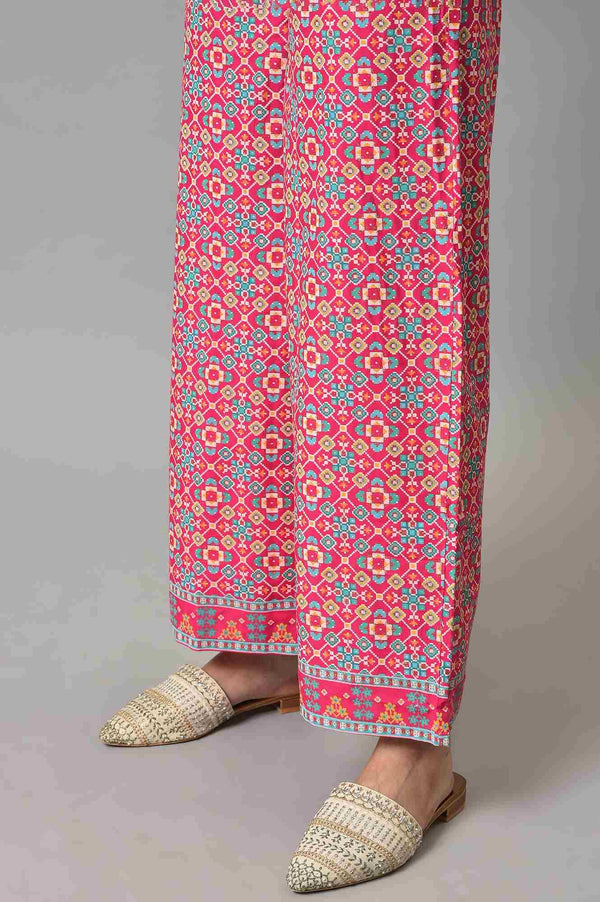 Pink Embroidered kurta With Printed Parallel Pants And Light Blue Mesh Dupatta