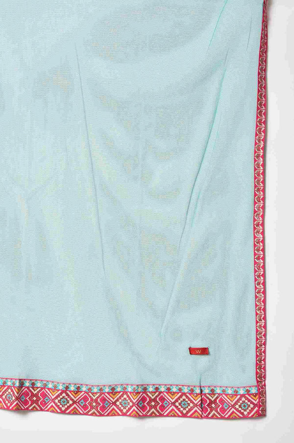Pink Embroidered kurta With Printed Parallel Pants And Light Blue Mesh Dupatta