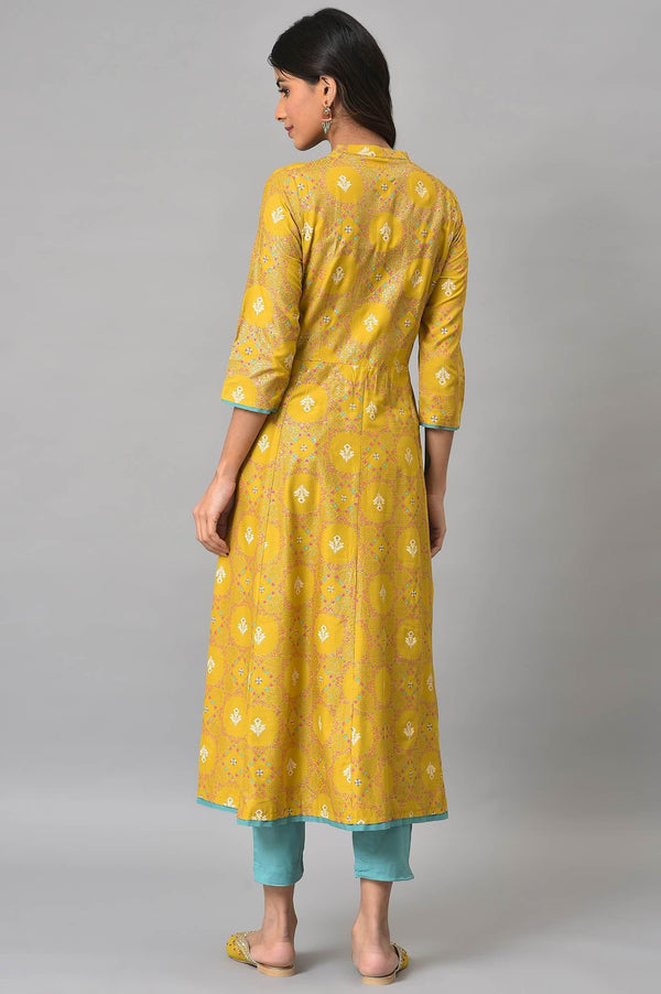 Yellow Glitter Printed kurta With Blue Slim Pants