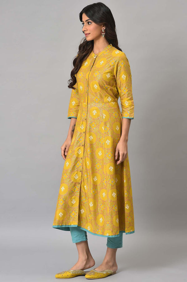 Yellow Glitter Printed kurta With Blue Slim Pants