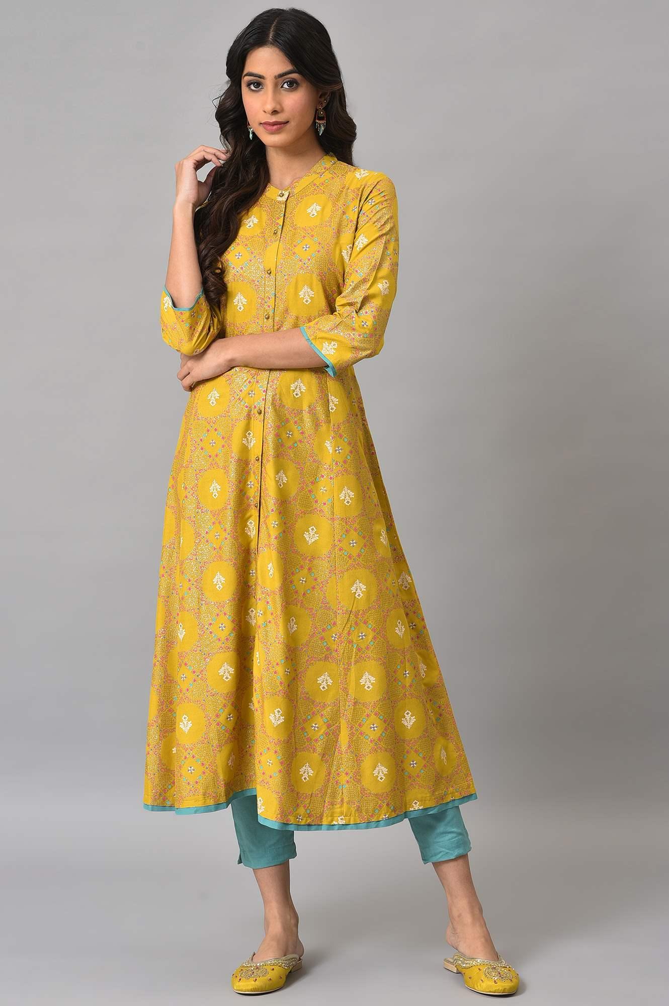 Yellow Glitter Printed kurta With Blue Slim Pants - wforwoman