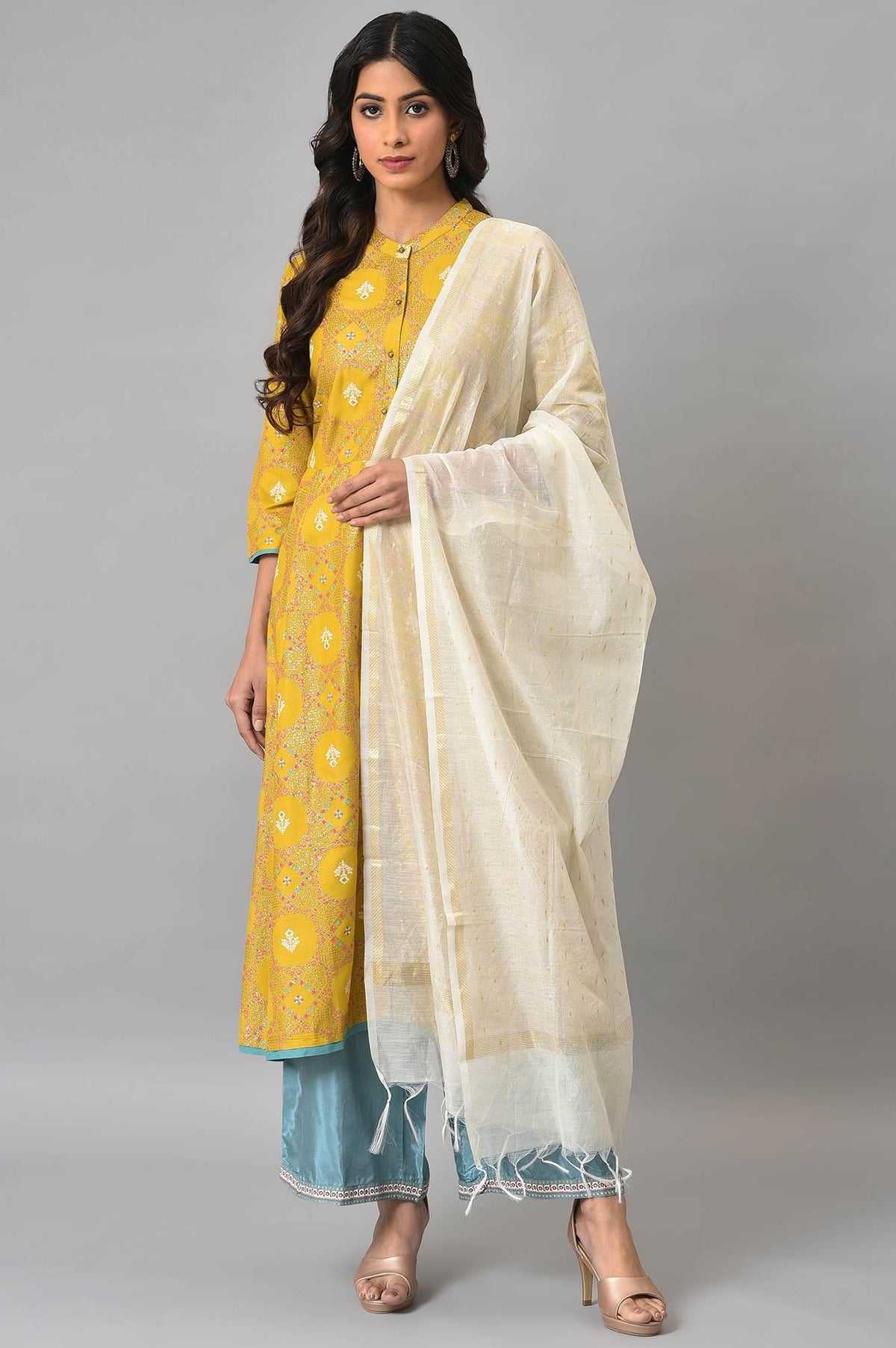 Yellow Button Down A-Line kurta With Blue Parallel Pants And Chanderi Dupatta - XS