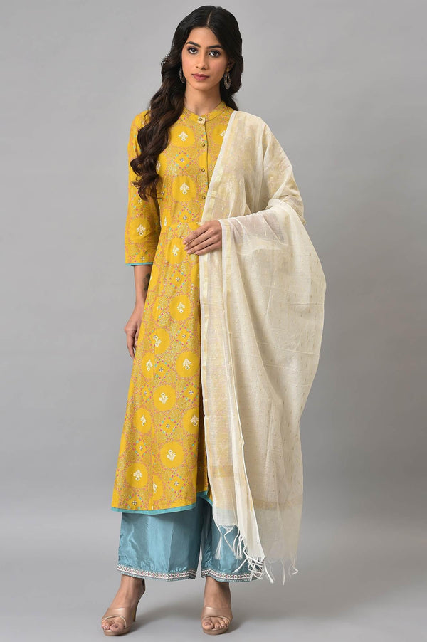 Yellow Button Down A-Line kurta With Blue Parallel Pants And Chanderi Dupatta