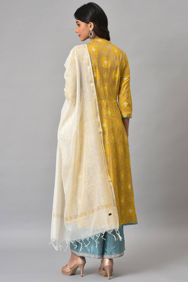 Yellow Button Down A-Line kurta With Blue Parallel Pants And Chanderi Dupatta