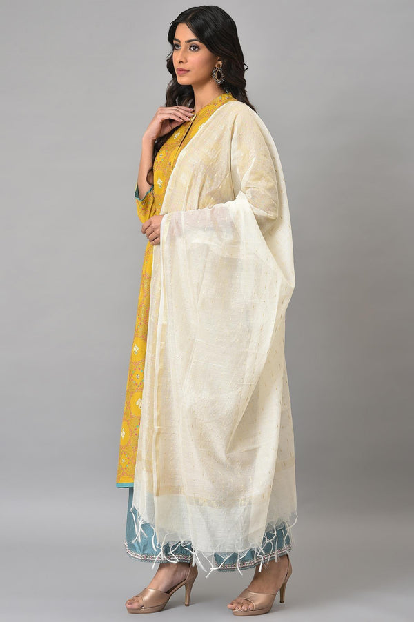 Yellow Button Down A-Line kurta With Blue Parallel Pants And Chanderi Dupatta