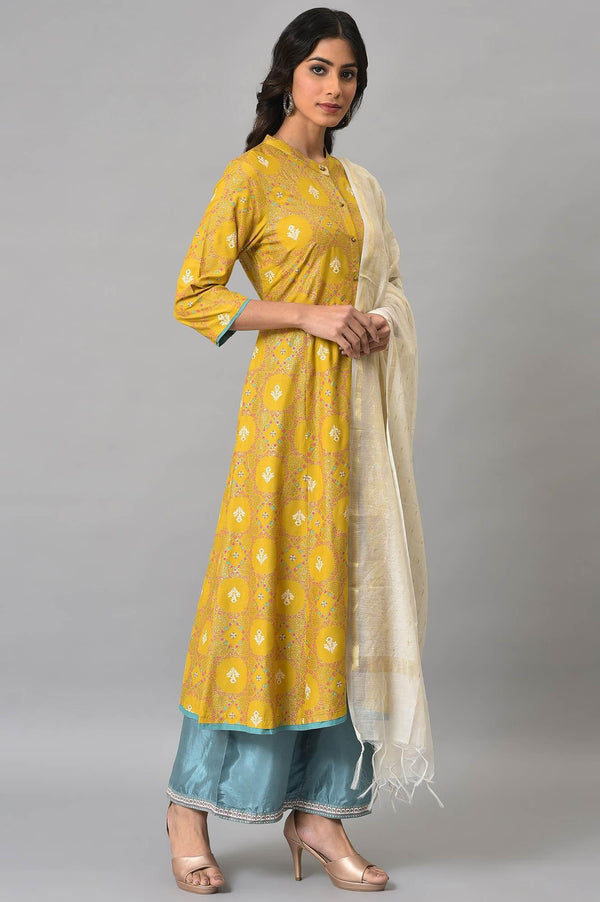 Yellow Button Down A-Line kurta With Blue Parallel Pants And Chanderi Dupatta