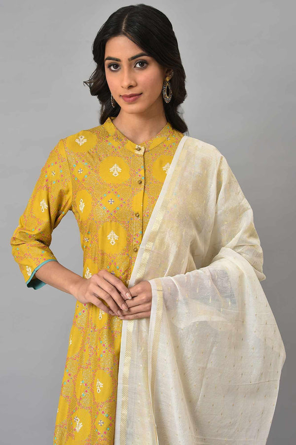 Yellow Button Down A-Line kurta With Blue Parallel Pants And Chanderi Dupatta