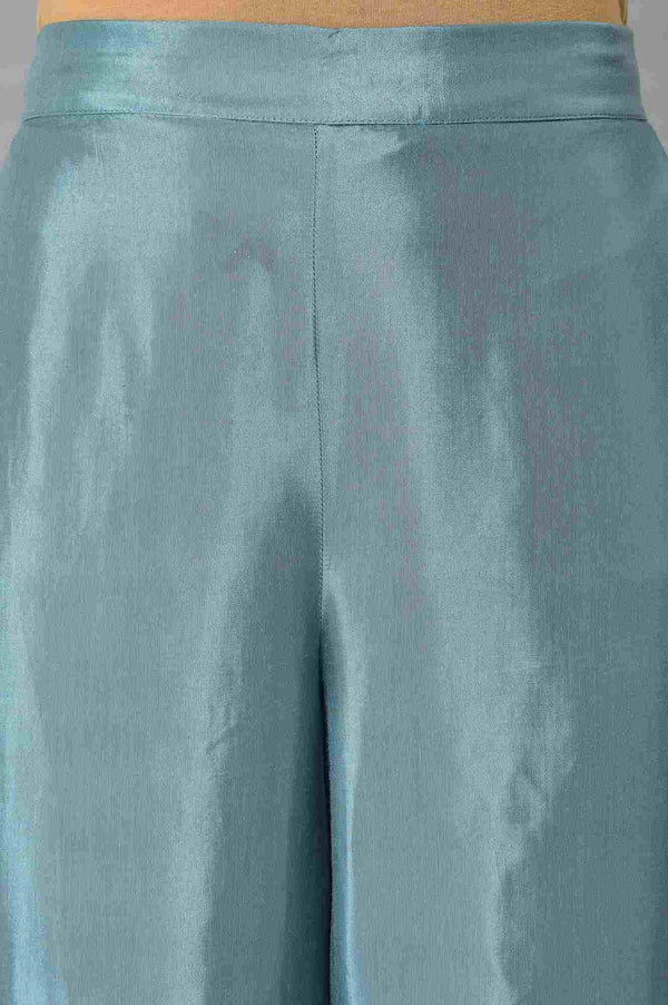 Yellow Button Down A-Line kurta With Blue Parallel Pants And Chanderi Dupatta