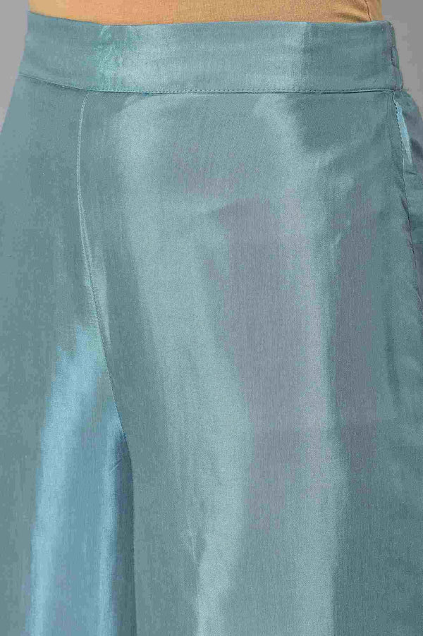 Yellow Button Down A-Line kurta With Blue Parallel Pants And Chanderi Dupatta