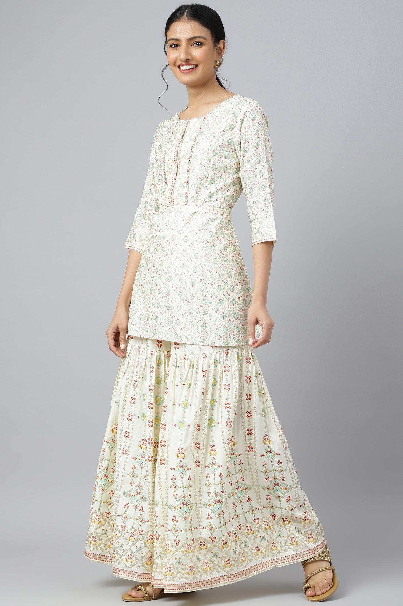 Ecru Festive Short kurta And Sharara Set - wforwoman