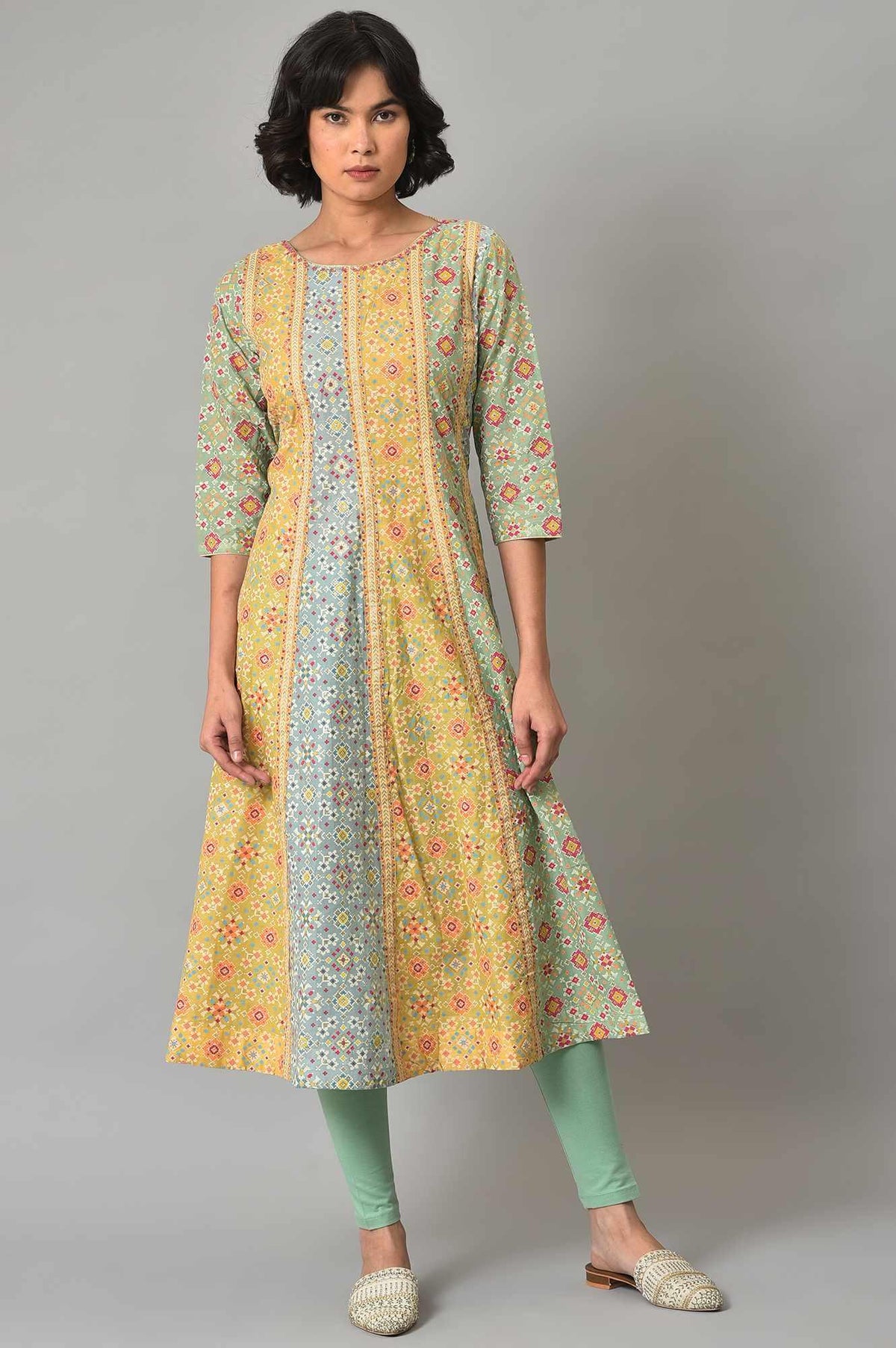 Mint Green Glitter Printed kurta And Tights Set - XS