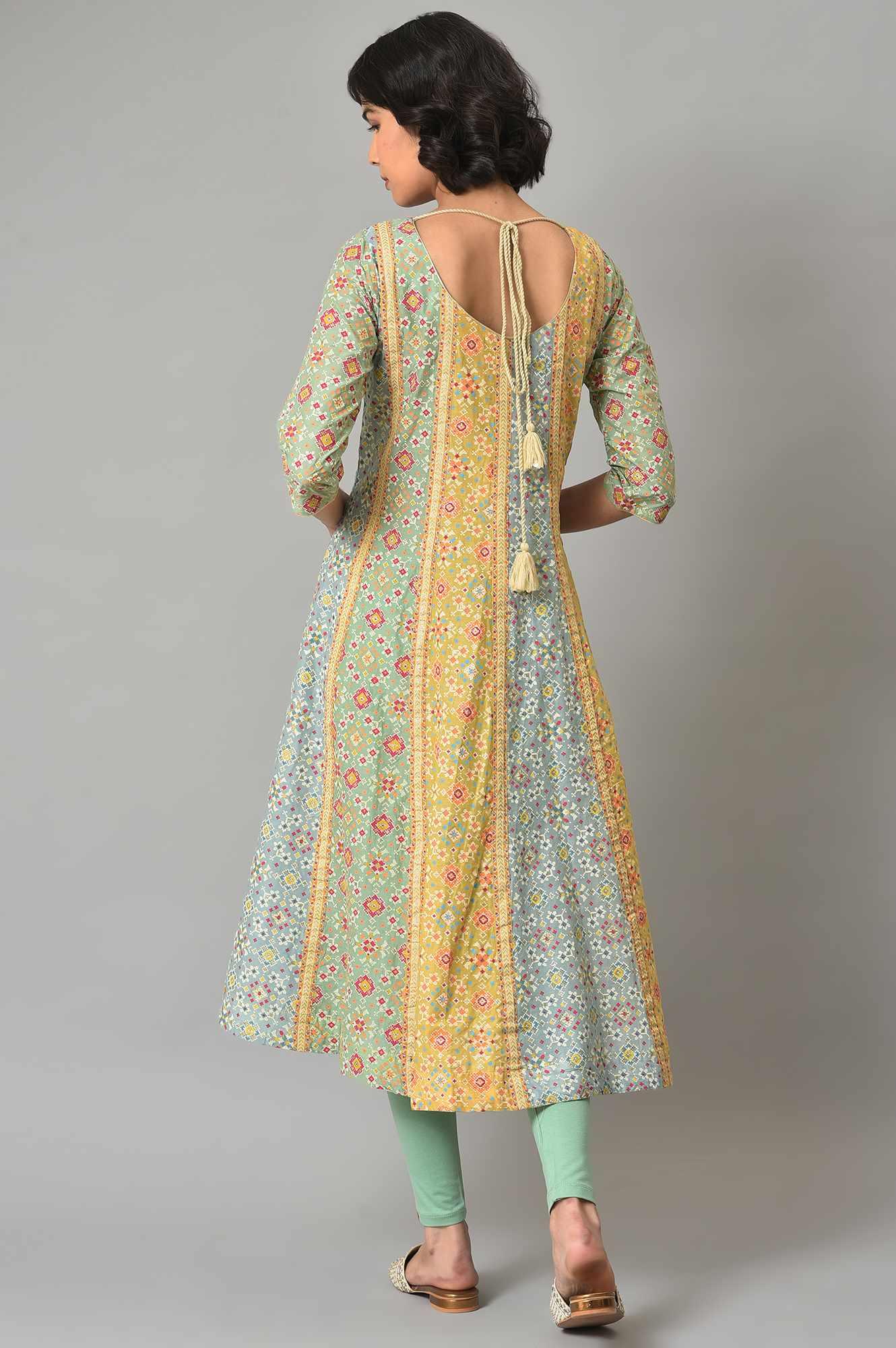 Mint Green Glitter Printed kurta And Tights Set - wforwoman