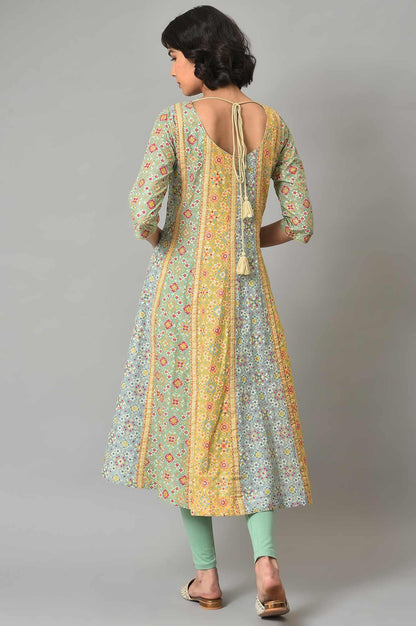 Mint Green Glitter Printed kurta And Tights Set - wforwoman