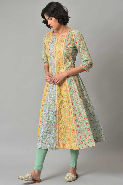 Mint Green Glitter Printed kurta And Tights Set - wforwoman