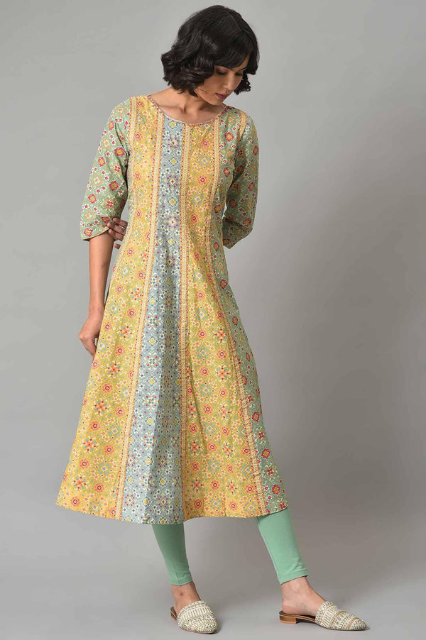 Mint Green Glitter Printed kurta And Tights Set