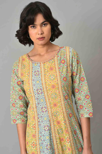 Mint Green Glitter Printed kurta And Tights Set - wforwoman