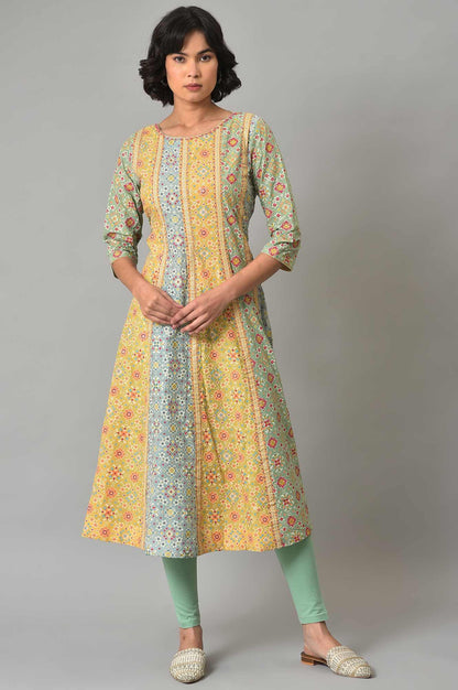 Mint Green Glitter Printed kurta And Tights Set - wforwoman