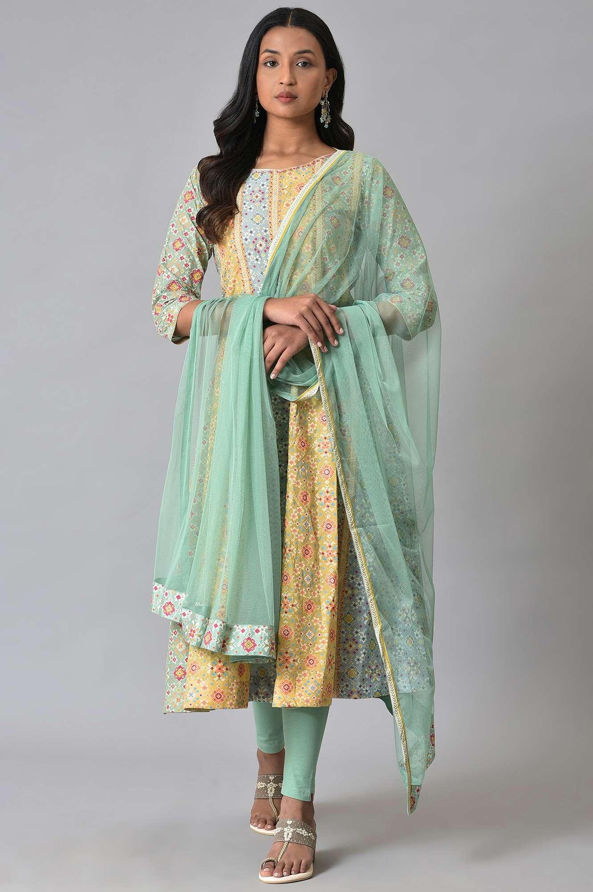Light Green And Yellow Printer kurta Set - XS
