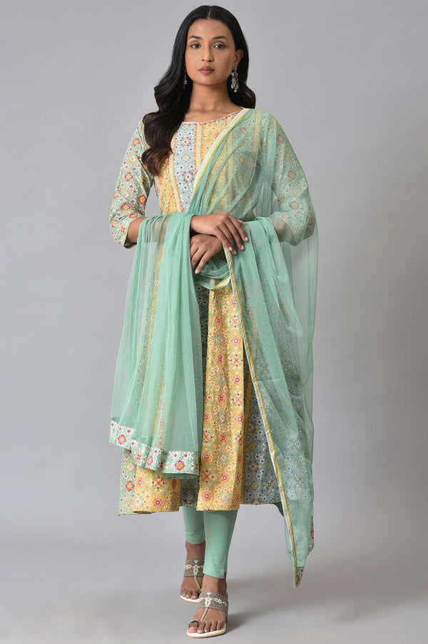Light Green And Yellow Printer kurta Set