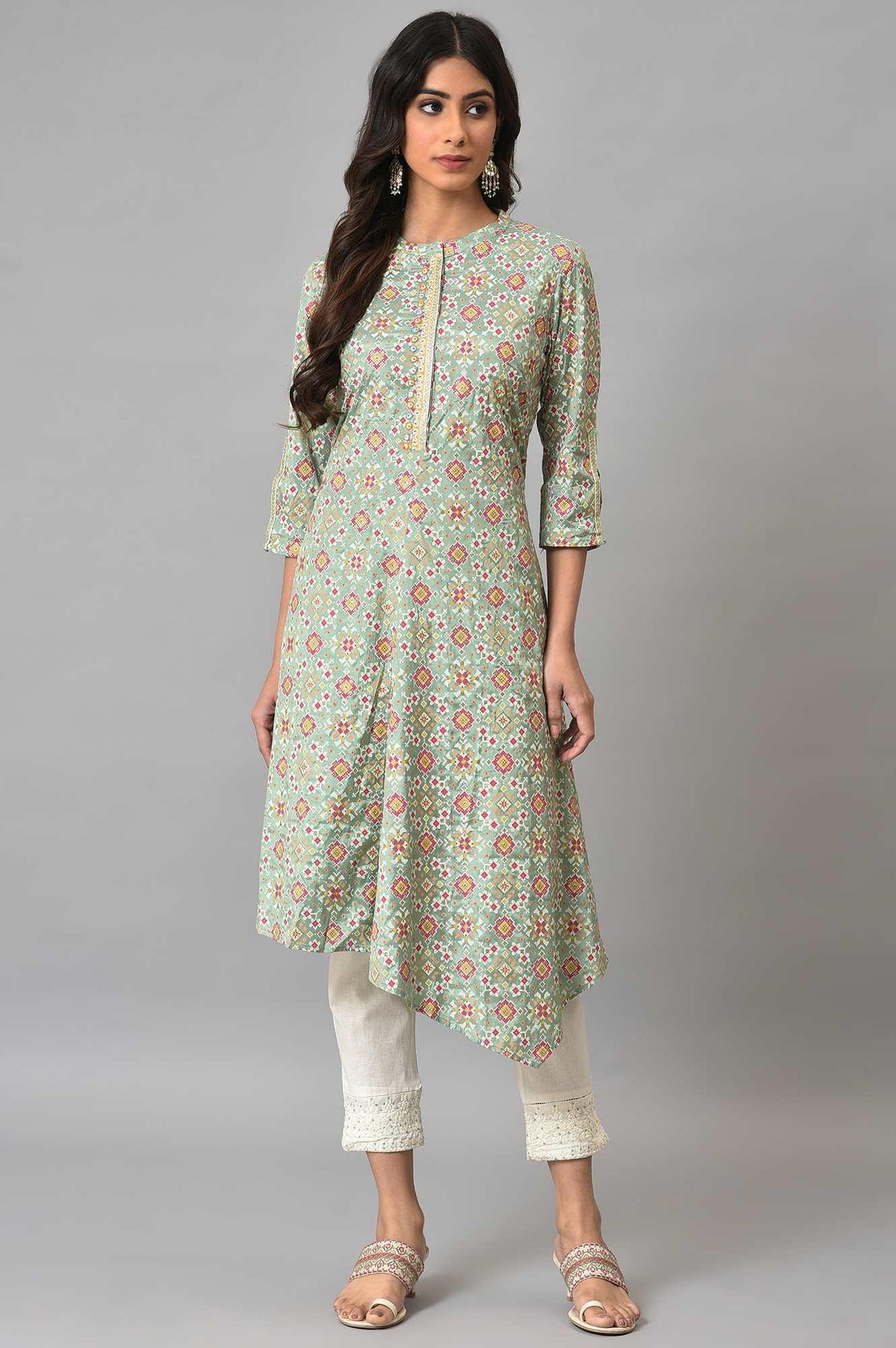 Mint Green Glitter Printed Asymmetrical kurta And Ecru Slim Pants Set - XS