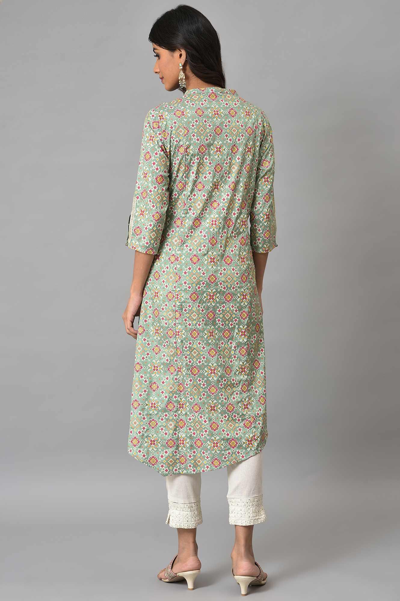 Mint Green Glitter Printed Asymmetrical kurta And Ecru Slim Pants Set - wforwoman