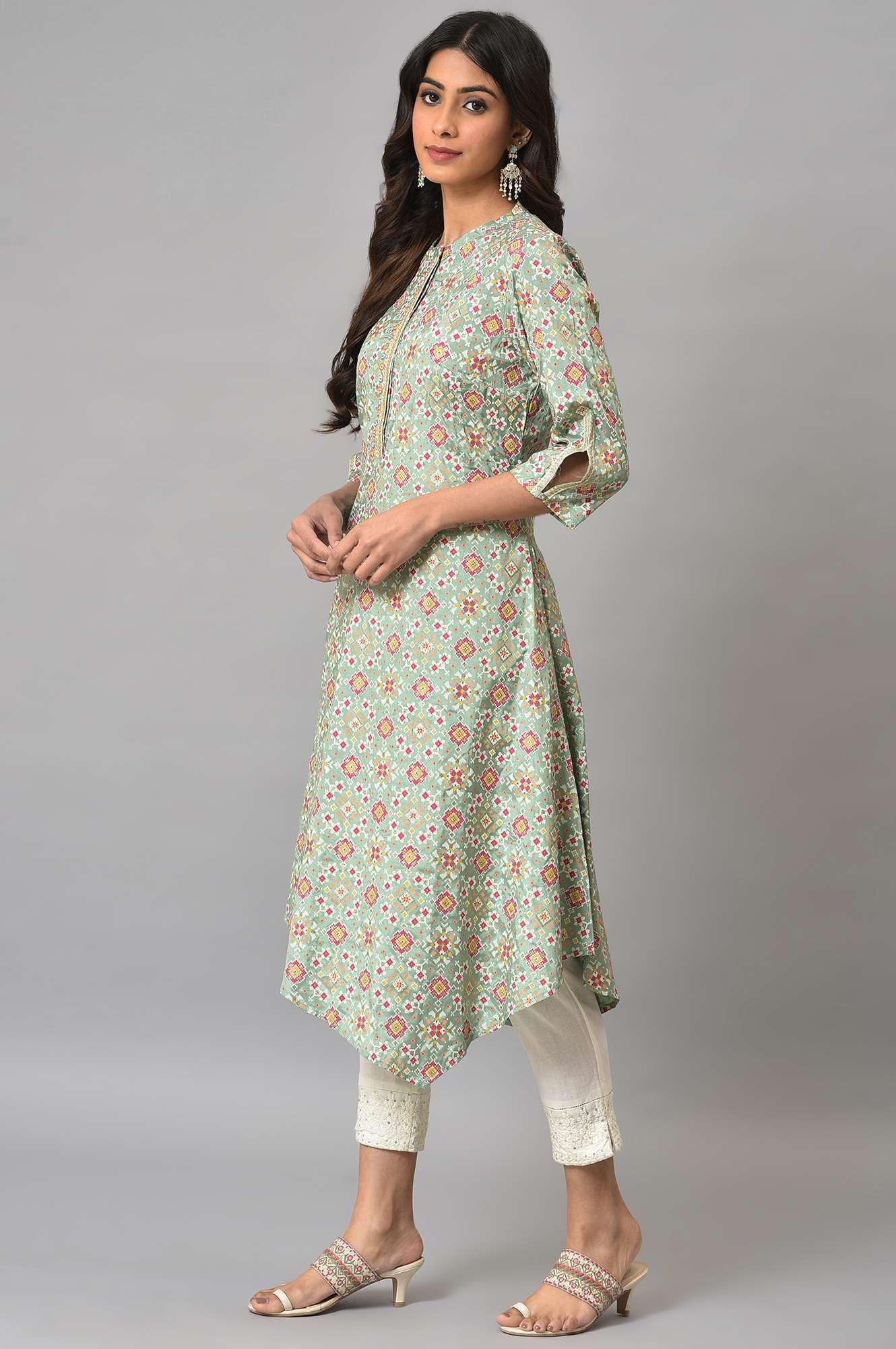 Mint Green Glitter Printed Asymmetrical kurta And Ecru Slim Pants Set - wforwoman