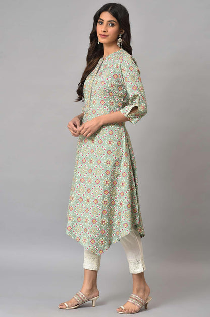 Mint Green Glitter Printed Asymmetrical kurta And Ecru Slim Pants Set - wforwoman