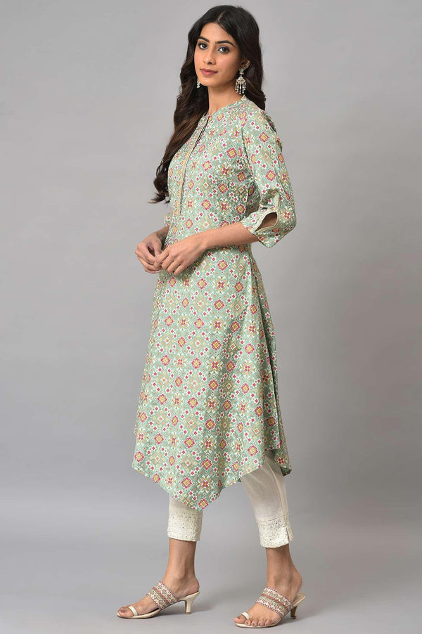 Mint Green Glitter Printed Asymmetrical kurta And Ecru Slim Pants Set