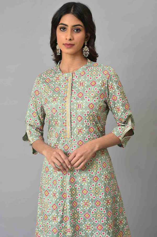 Mint Green Glitter Printed Asymmetrical kurta And Ecru Slim Pants Set