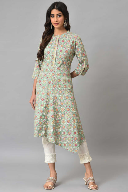Mint Green Glitter Printed Asymmetrical kurta And Ecru Slim Pants Set - wforwoman