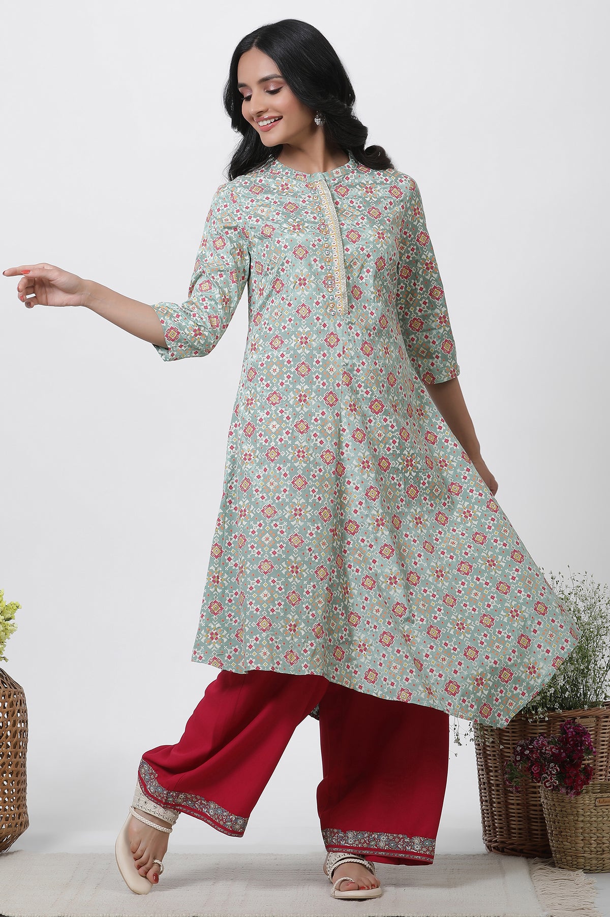 Mint Green Printed Asymmetrical Kurta And Pants Set - XS