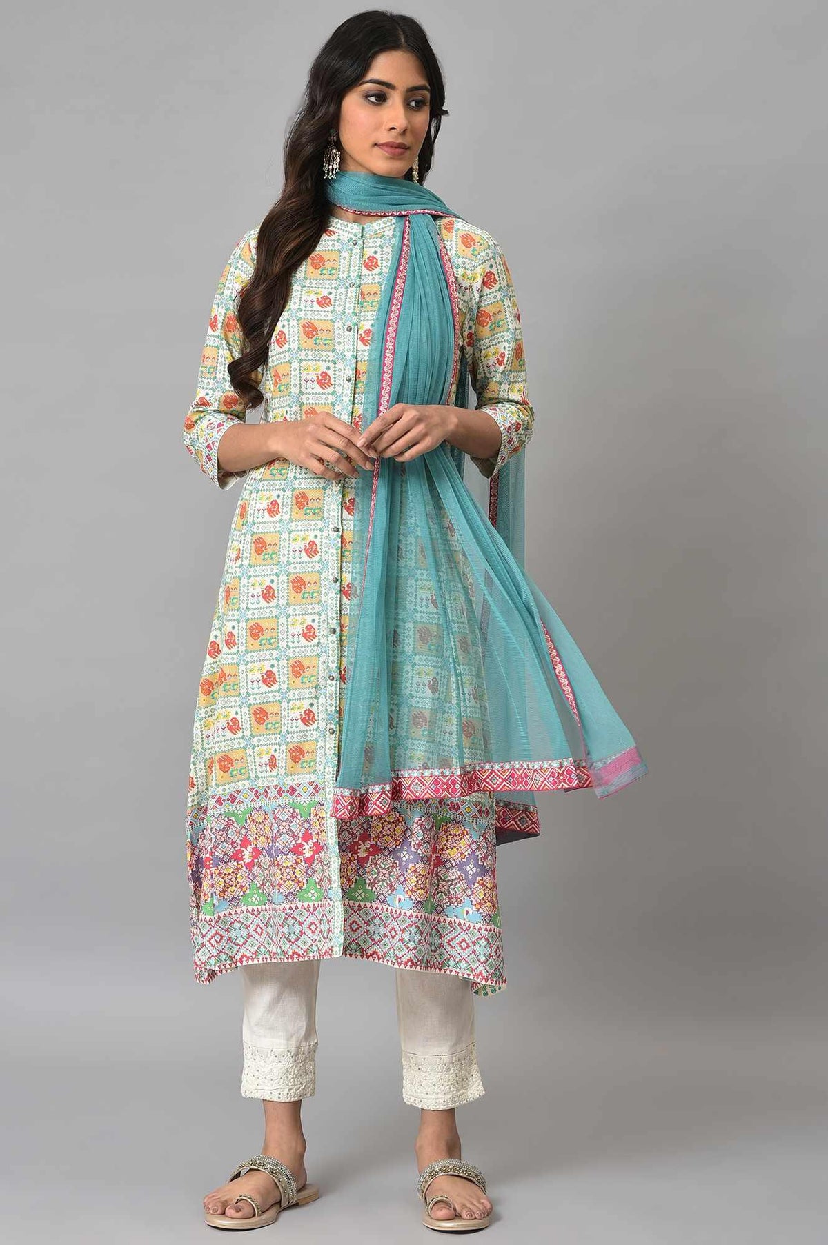 Ecru Printed Shirt kurta With Pants And Dupatta - XS