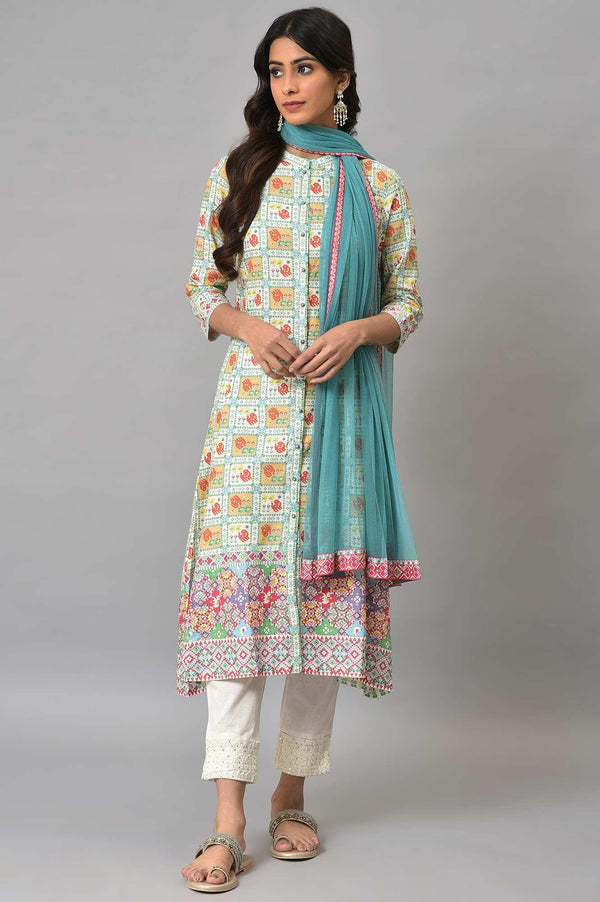 Ecru Printed Shirt kurta With Pants And Dupatta