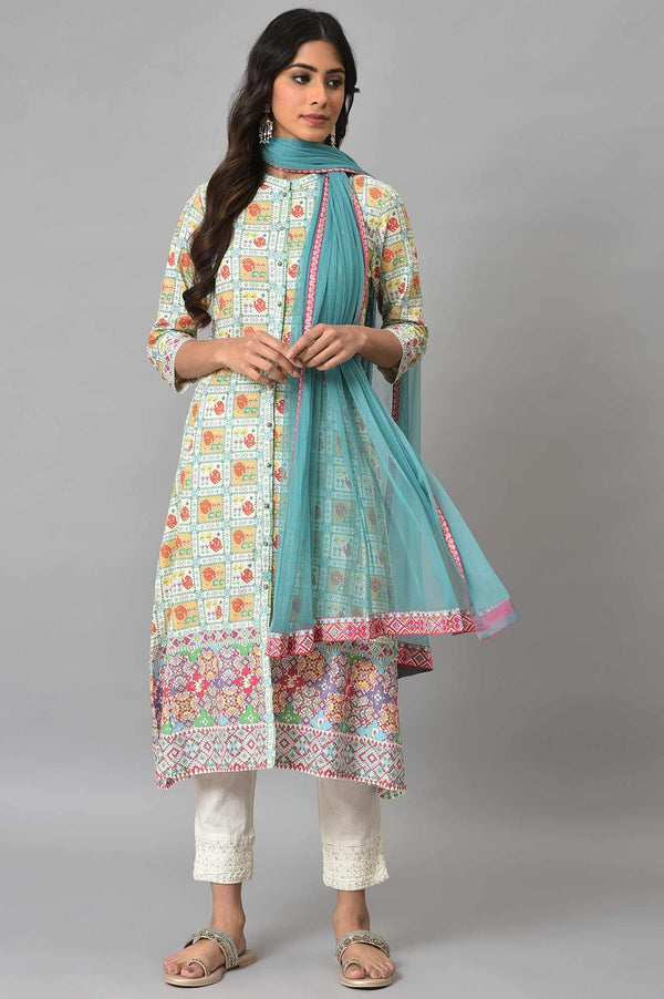 Ecru Printed Shirt kurta With Pants And Dupatta