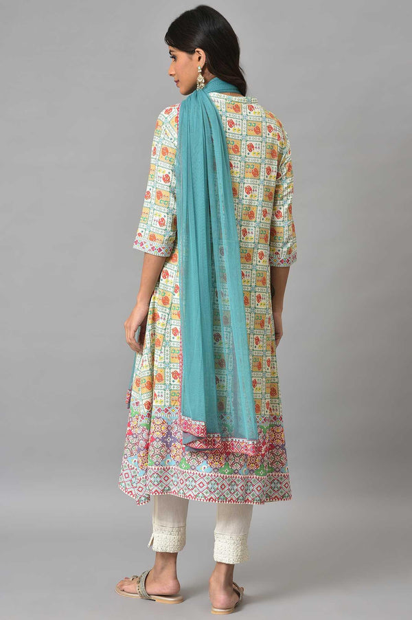 Ecru Printed Shirt kurta With Pants And Dupatta