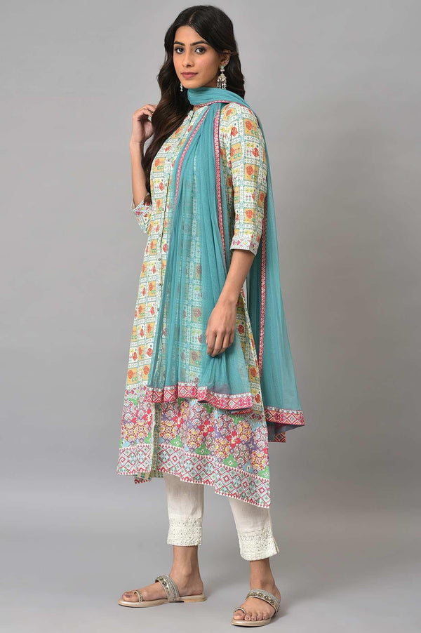 Ecru Printed Shirt kurta With Pants And Dupatta