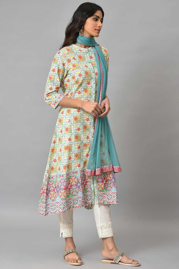 Ecru Printed Shirt kurta With Pants And Dupatta