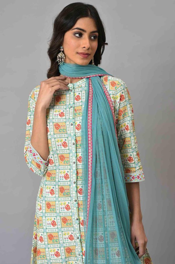 Ecru Printed Shirt kurta With Pants And Dupatta