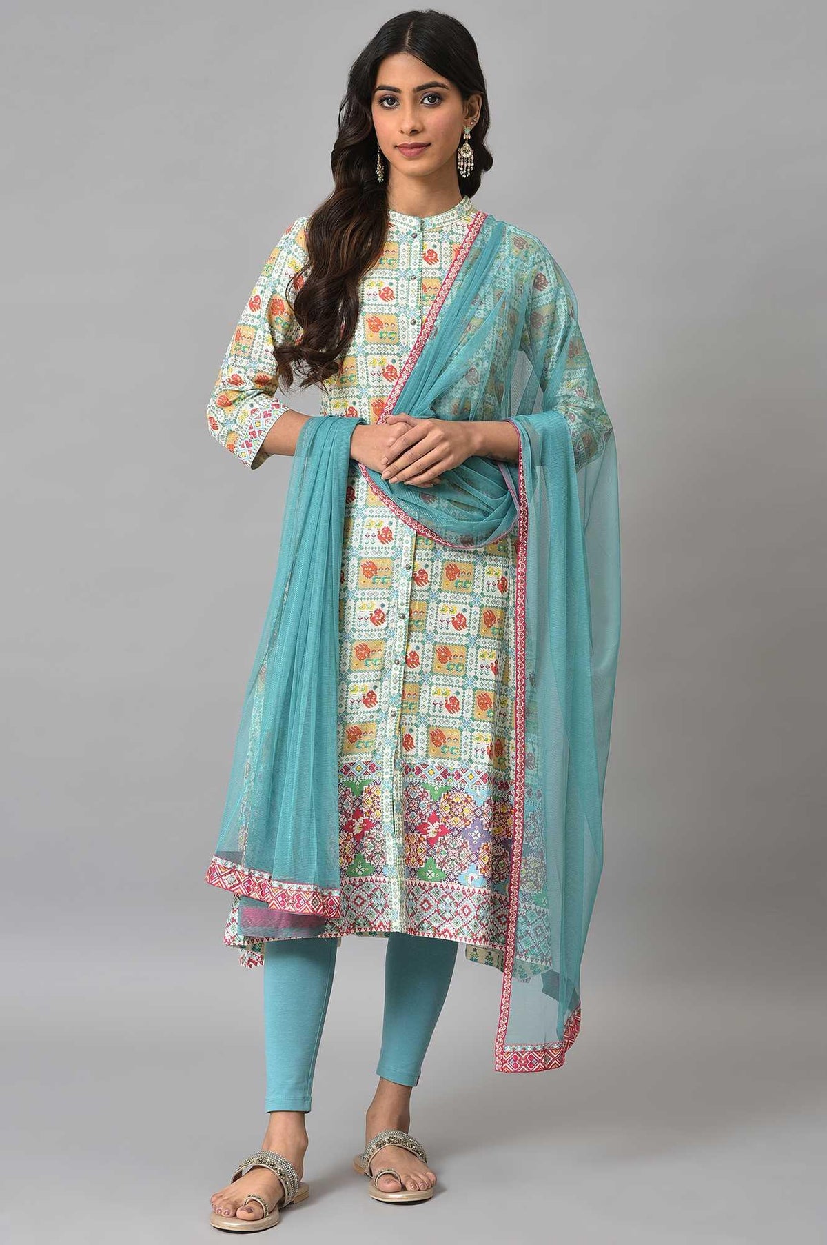 Ecru Printed Shirt kurta With Light Blue Tights And Dupatta - XS